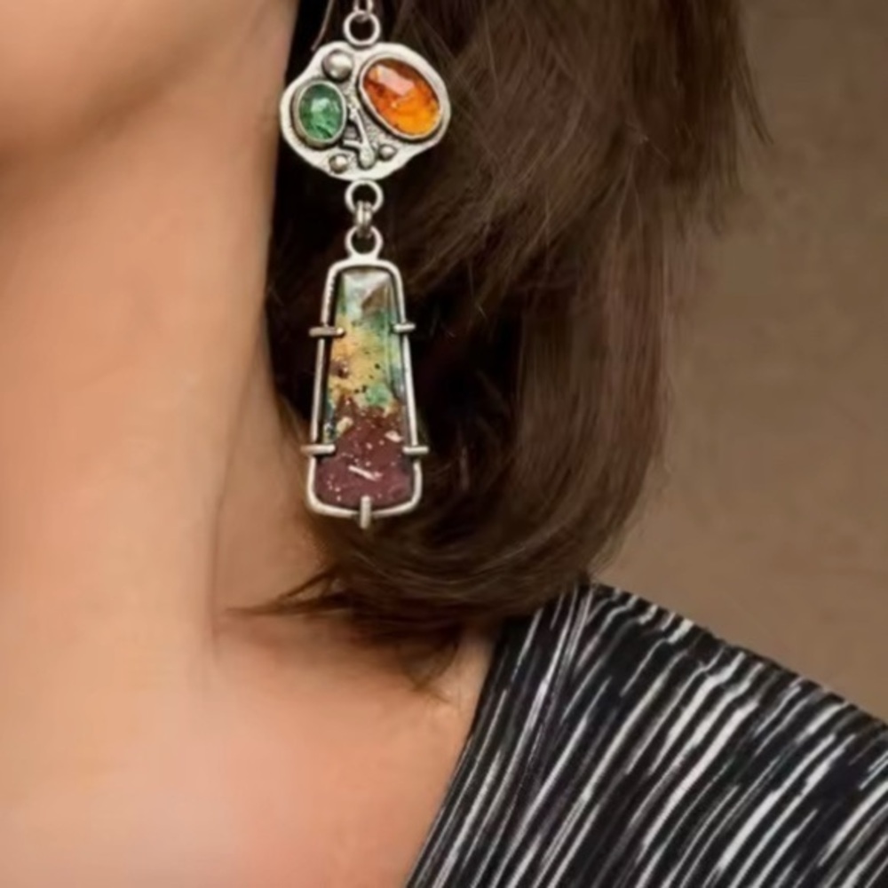 New Oversized Artsy Silver and Earth Tones Earrings